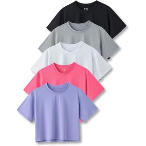 image5 Pack Womens Workout Crop Tops Athletic Short Sleeve Gym Shirts Crew Neck TeesLavenderBlackWhiteGrayHot Pink