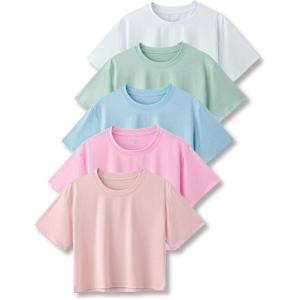 image5 Pack Womens Workout Crop Tops Athletic Short Sleeve Gym Shirts Crew Neck TeesPinkMintWhiteBaby BluePastel Pink