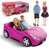imageDollSized Convertible Car for Dolls  2Seater Pink Vehicle with Rolling Wheels Seat Belts w 2 Dolls Included Compatible with Barbie