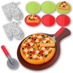 image15Piece Pizza Party Play Set for Kids  Realistic Pizza Pie Pretend Play Food Kit  Slice and Serve Plastic Kitchen Cooking and Cutting Playset