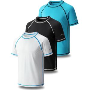 image3 Pack Boys UPF 50 Rash Guard Short Sleeve Swim Shirts Quick Dry UV Protection Swimwear for KidsAquaBlackWhite