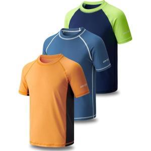 image3 Pack Boys UPF 50 Rash Guard Short Sleeve Swim Shirts Quick Dry UV Protection Swimwear for KidsNavyOrangeDusty Blue