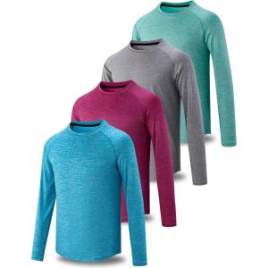 image4 Pack Youth Boys Long Sleeve Shirts Dry Fit Athletic Clothes for Teens Kids Active Performance Tshirts with Thumb HolesGrayRedGreenLight Blue