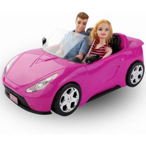 imageDollSized Convertible Car for Dolls  2Seater Pink Vehicle with Rolling Wheels Seat Belts w 2 Dolls Included Compatible with Barbie