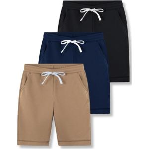 image3 Pack Boys Pull On Jogger Shorts Youth Kids Casual Terry Sweat Shorts with Pockets DrawstringKhakiNavyBlack