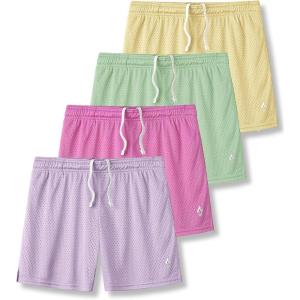 image4 Pack Girls Athletic Shorts with Pockets 3quot Dry Fit Running Shorts for Kids Teens Soccer BasketballGreenYellowLavenderPink