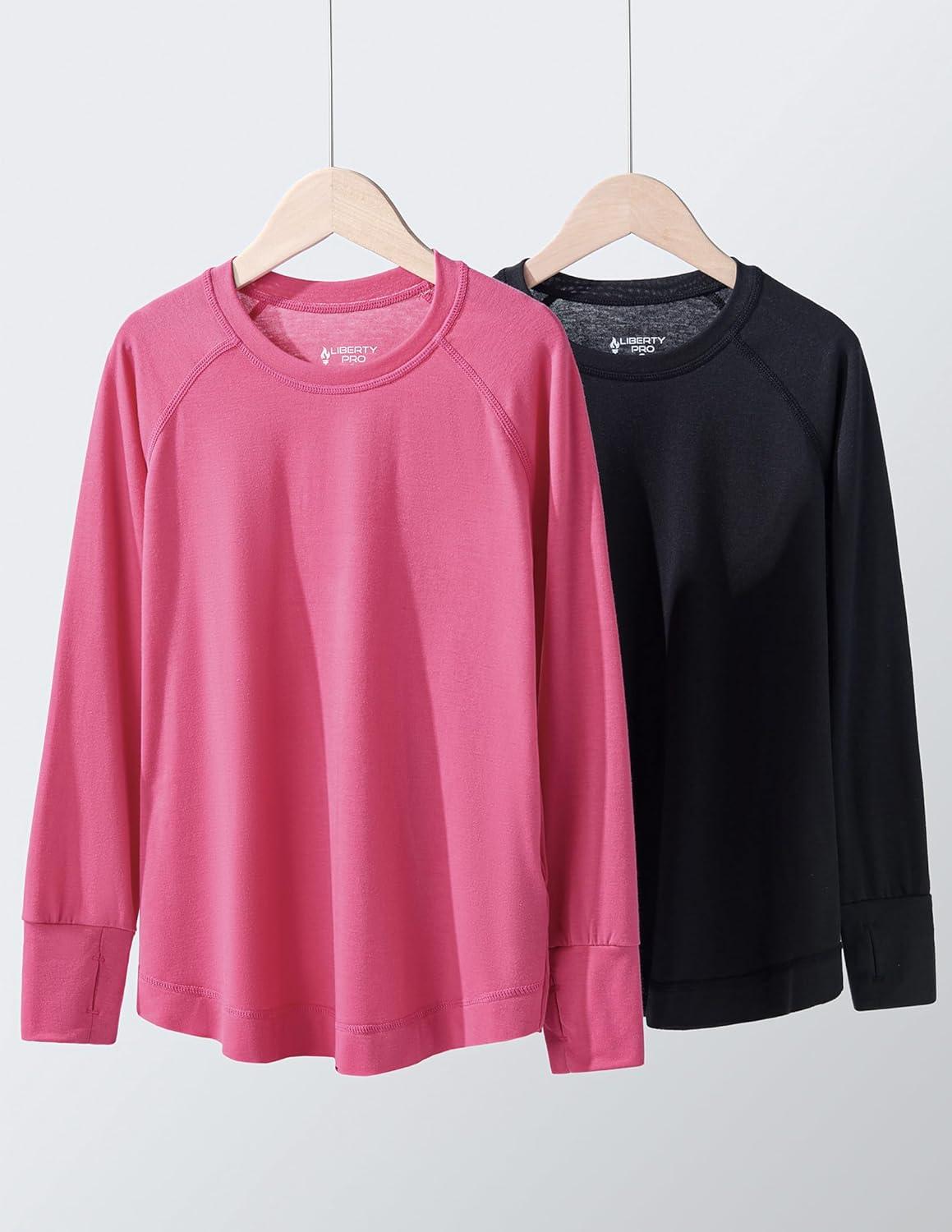 image2Pack Girls Loose Fit Long Sleeve Tunic Tops with Pockets and Thumb Holes Casual T Shirts for Tween KidsBlackHot Pink