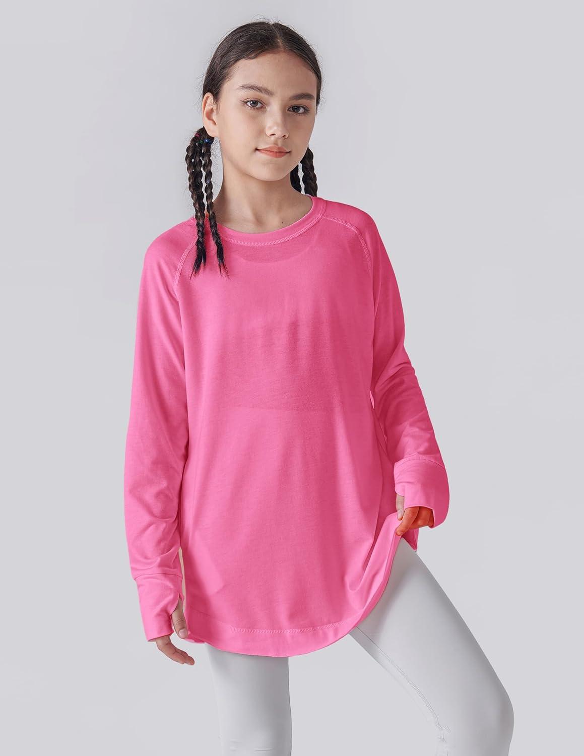 image2Pack Girls Loose Fit Long Sleeve Tunic Tops with Pockets and Thumb Holes Casual T Shirts for Tween KidsBlackHot Pink