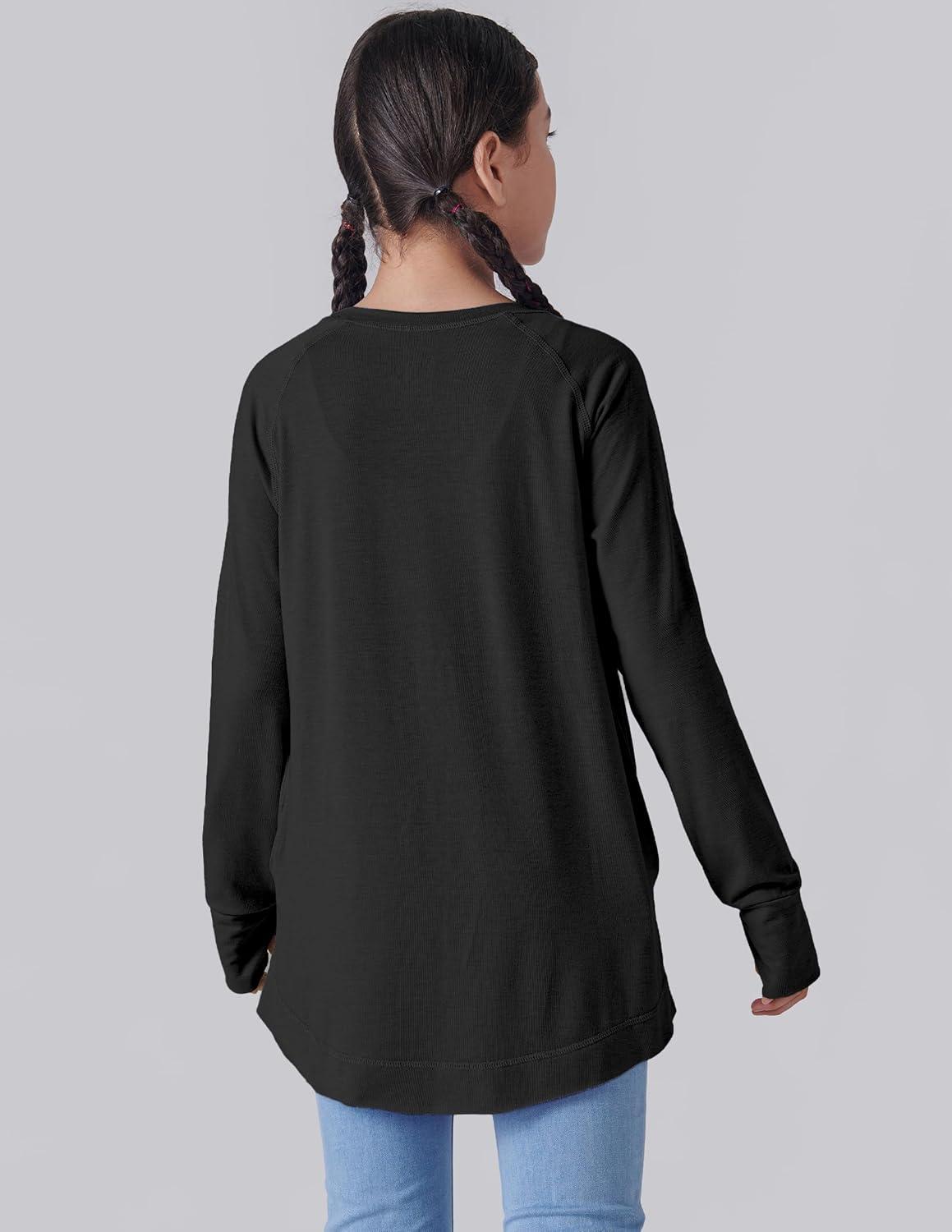 image2Pack Girls Loose Fit Long Sleeve Tunic Tops with Pockets and Thumb Holes Casual T Shirts for Tween KidsBlackHot Pink