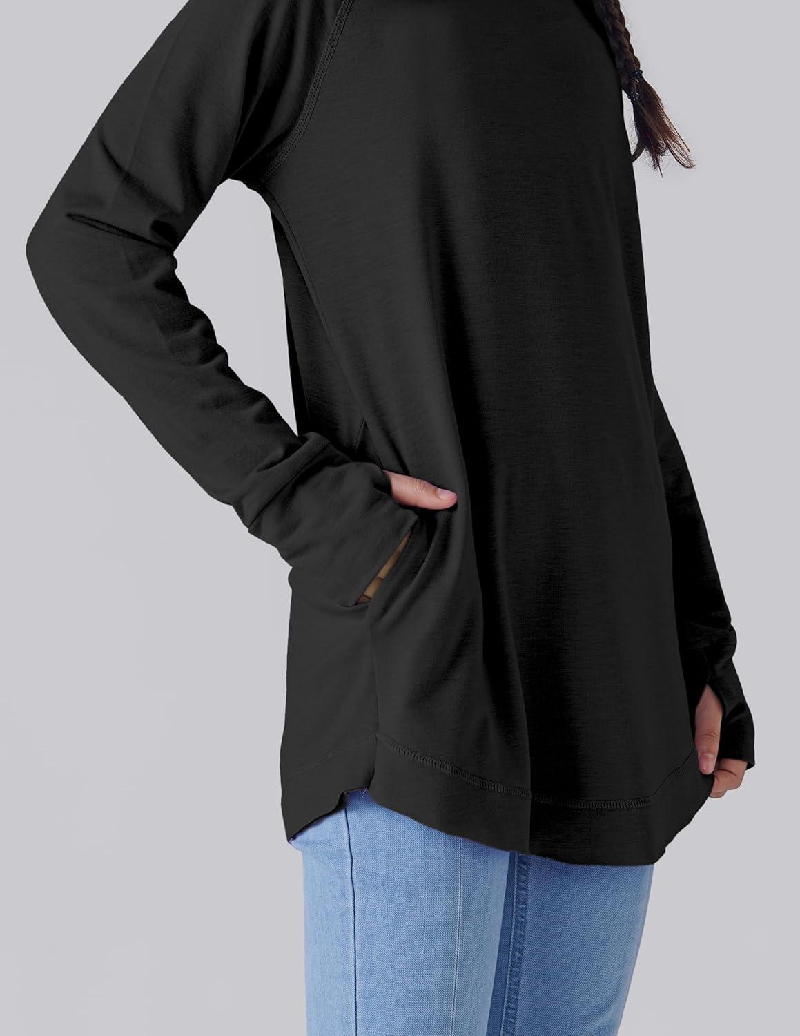 image2Pack Girls Loose Fit Long Sleeve Tunic Tops with Pockets and Thumb Holes Casual T Shirts for Tween KidsBlackHot Pink