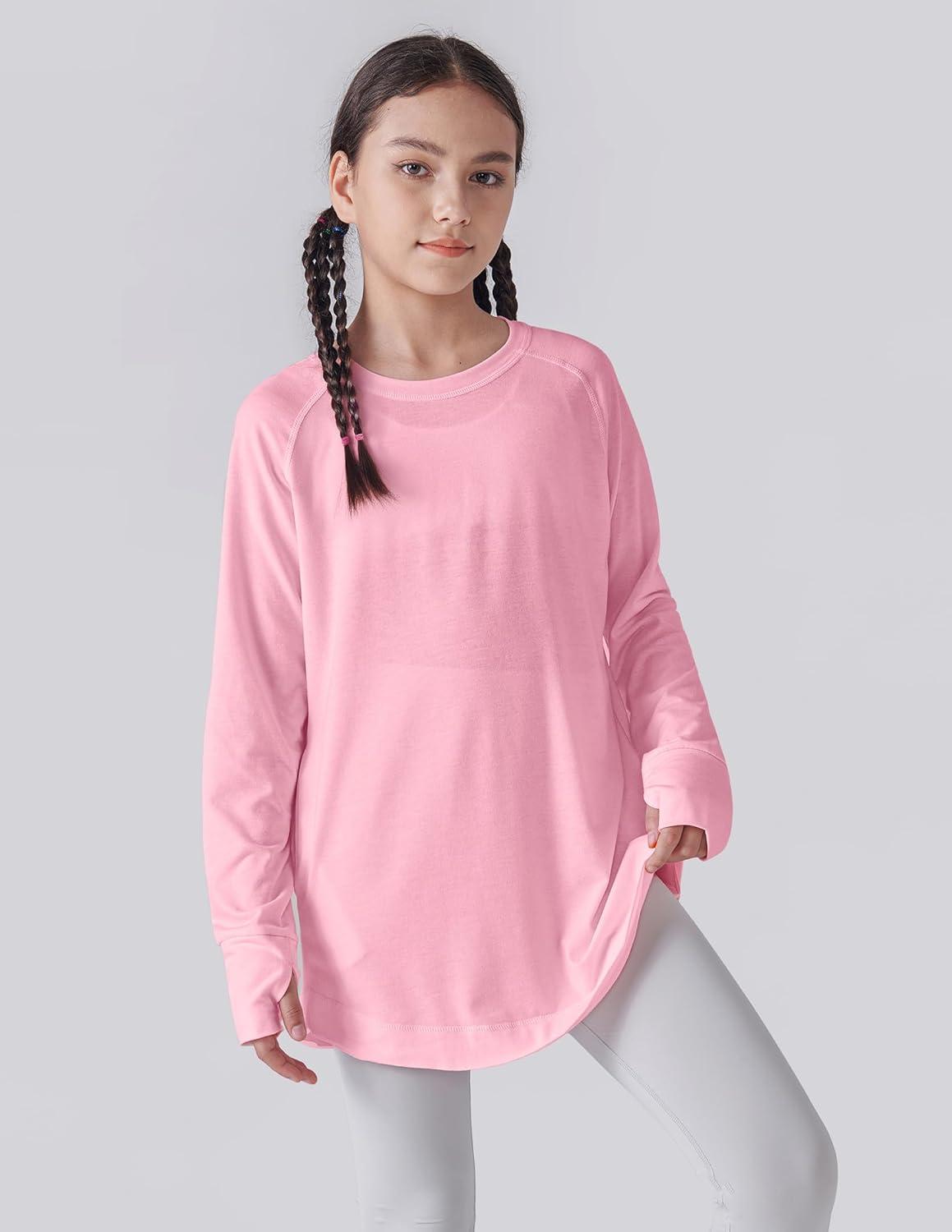 image2Pack Girls Loose Fit Long Sleeve Tunic Tops with Pockets and Thumb Holes Casual T Shirts for Tween KidsLight GreenPink