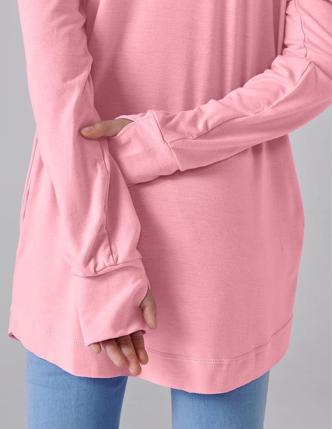 image2Pack Girls Loose Fit Long Sleeve Tunic Tops with Pockets and Thumb Holes Casual T Shirts for Tween KidsLight GreenPink