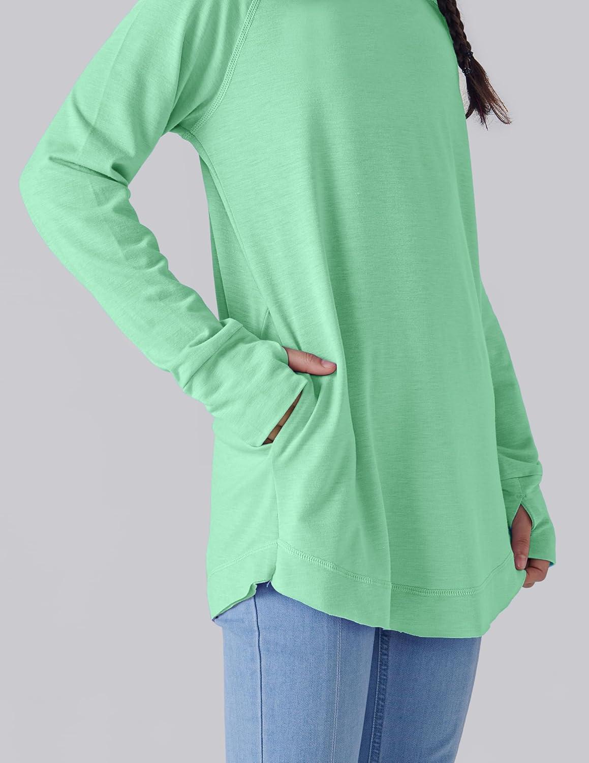 image2Pack Girls Loose Fit Long Sleeve Tunic Tops with Pockets and Thumb Holes Casual T Shirts for Tween KidsLight GreenPink