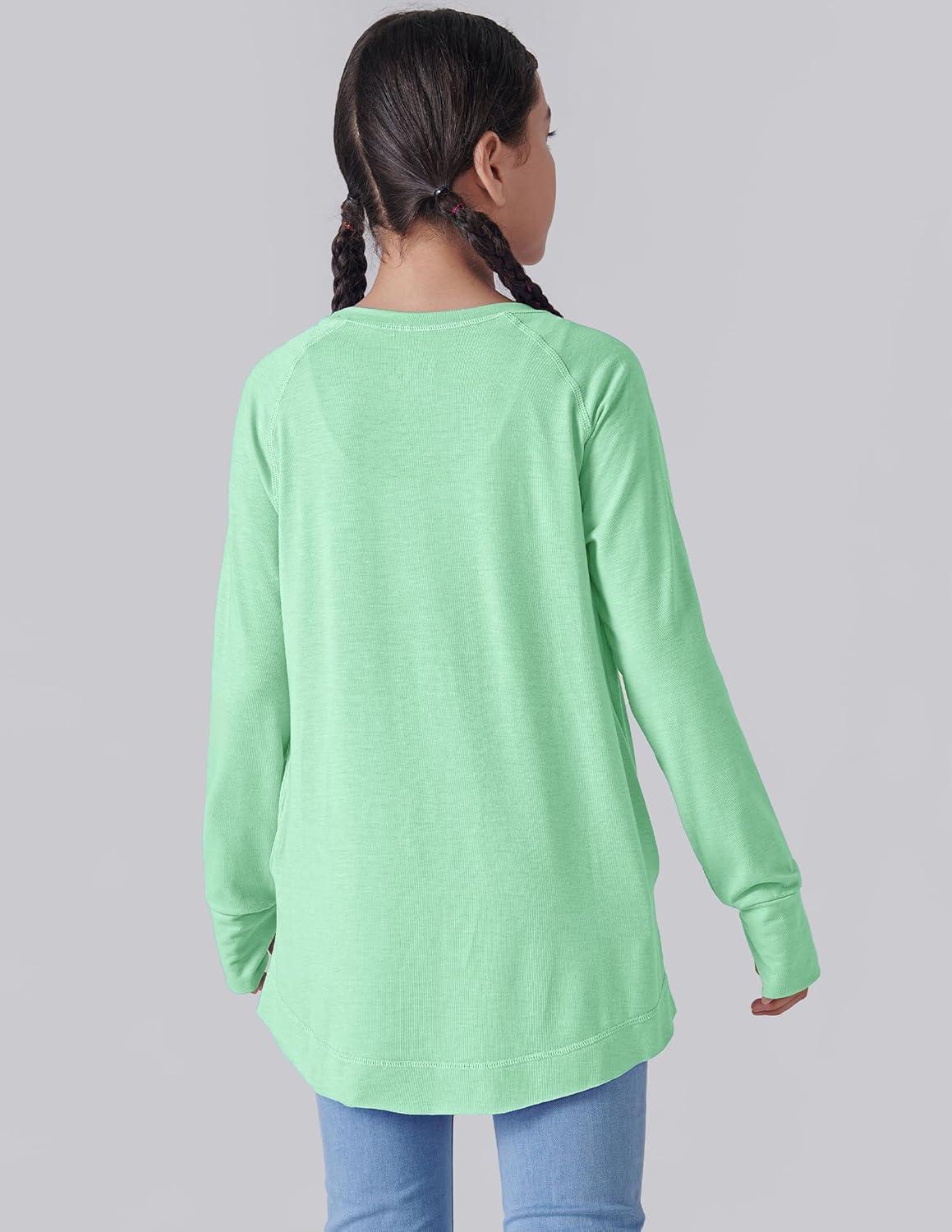 image2Pack Girls Loose Fit Long Sleeve Tunic Tops with Pockets and Thumb Holes Casual T Shirts for Tween KidsLight GreenPink