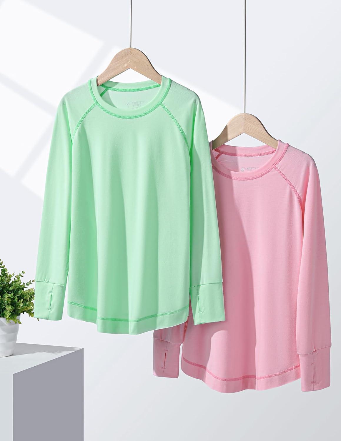 image2Pack Girls Loose Fit Long Sleeve Tunic Tops with Pockets and Thumb Holes Casual T Shirts for Tween KidsLight GreenPink