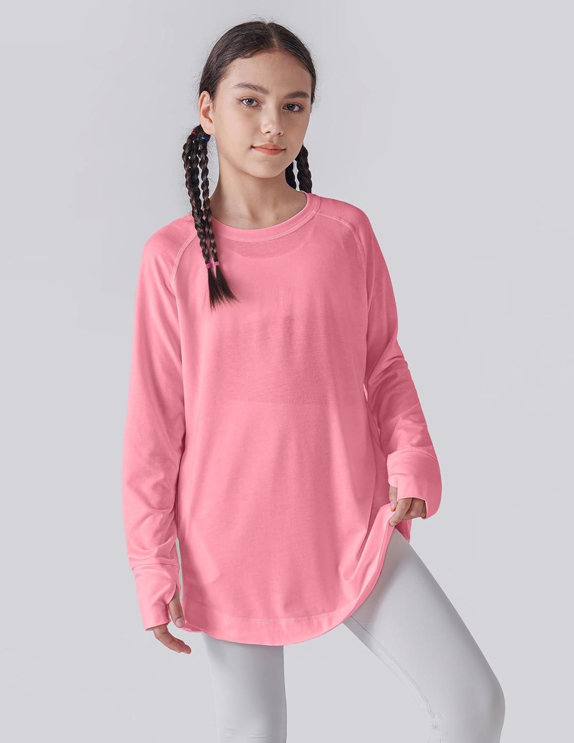 image2Pack Girls Loose Fit Long Sleeve Tunic Tops with Pockets and Thumb Holes Casual T Shirts for Tween KidsPinkBaby Blue