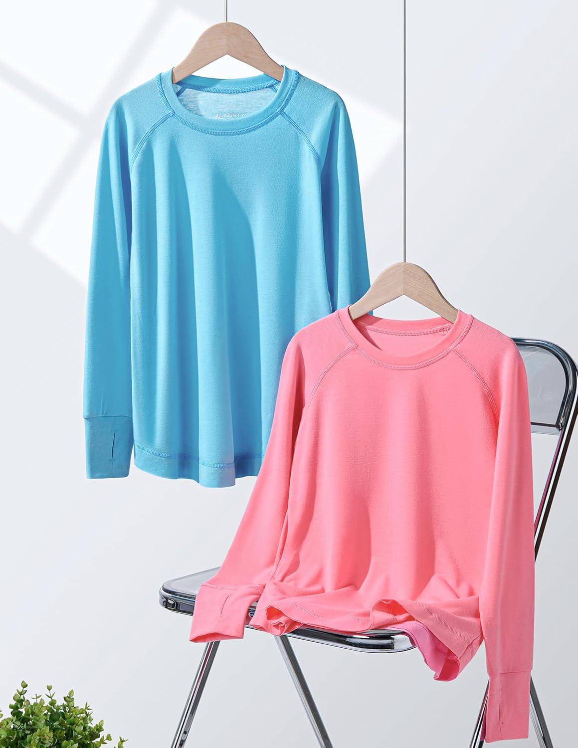 image2Pack Girls Loose Fit Long Sleeve Tunic Tops with Pockets and Thumb Holes Casual T Shirts for Tween KidsPinkBaby Blue