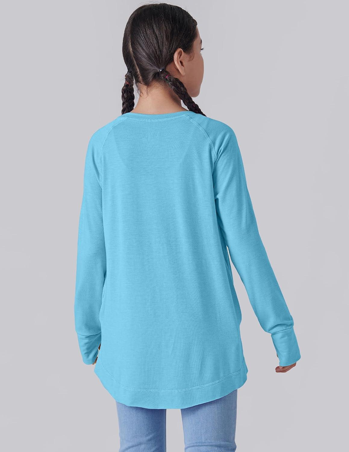 image2Pack Girls Loose Fit Long Sleeve Tunic Tops with Pockets and Thumb Holes Casual T Shirts for Tween KidsPinkBaby Blue