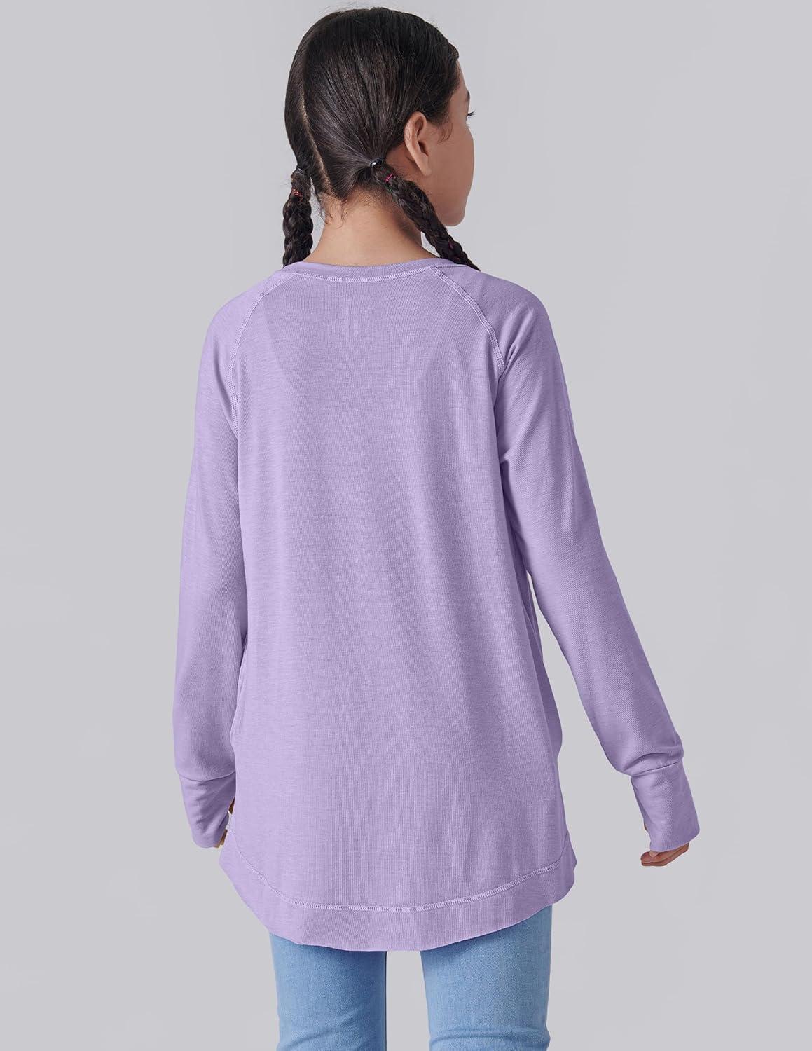 image2Pack Girls Loose Fit Long Sleeve Tunic Tops with Pockets and Thumb Holes Casual T Shirts for Tween KidsPinkLavender