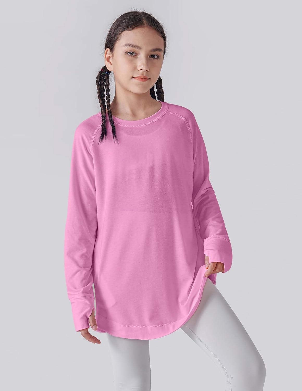 image2Pack Girls Loose Fit Long Sleeve Tunic Tops with Pockets and Thumb Holes Casual T Shirts for Tween KidsPinkLavender