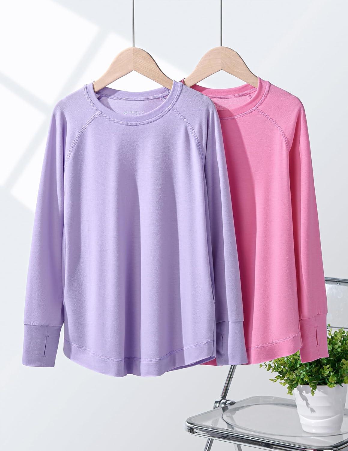 image2Pack Girls Loose Fit Long Sleeve Tunic Tops with Pockets and Thumb Holes Casual T Shirts for Tween KidsPinkLavender