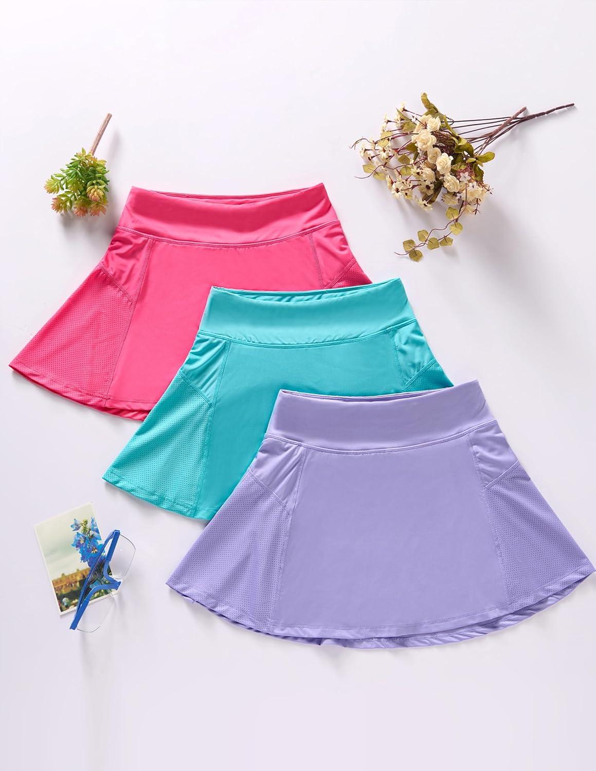 image3 Pack Girls Athletic Skirts with Builtin Shorts and Pockets Youth Kids Uniform Skorts Tennis Golf RunningAquaLilacHot Pink