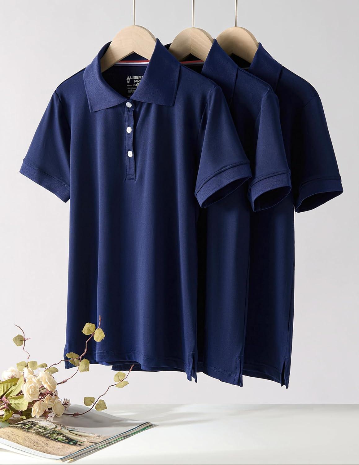 image3 Pack Youth Girls Performance Polo Shirts Short Sleeve Pique Collared Kids School Uniform TopsNavy