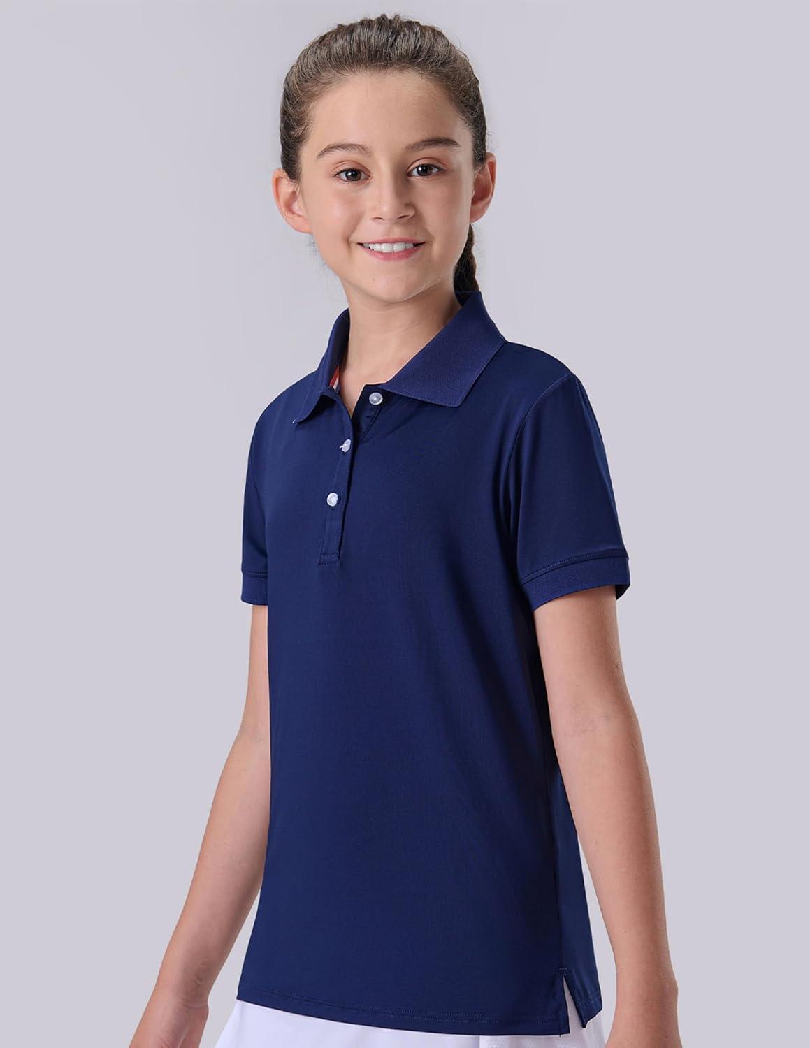 image3 Pack Youth Girls Performance Polo Shirts Short Sleeve Pique Collared Kids School Uniform TopsNavy