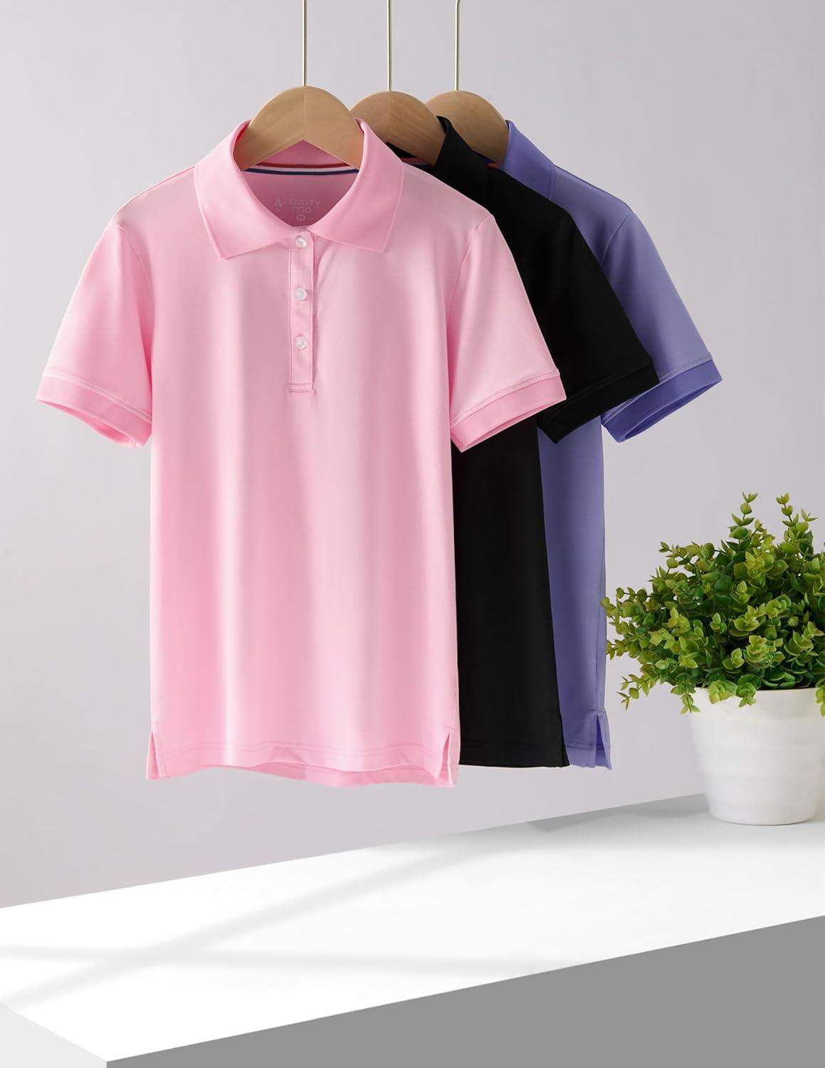 image3 Pack Youth Girls Performance Polo Shirts Short Sleeve Pique Collared Kids School Uniform TopsPinkLilacBlack