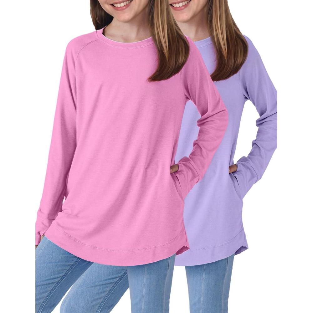 image2Pack Girls Loose Fit Long Sleeve Tunic Tops with Pockets and Thumb Holes Casual T Shirts for Tween KidsPinkLavender