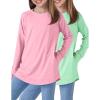 image2Pack Girls Loose Fit Long Sleeve Tunic Tops with Pockets and Thumb Holes Casual T Shirts for Tween KidsLight GreenPink