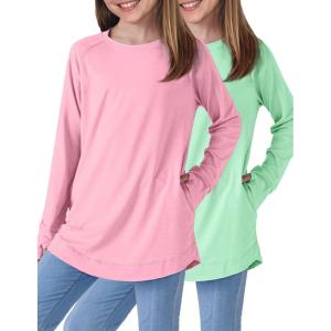 image2Pack Girls Loose Fit Long Sleeve Tunic Tops with Pockets and Thumb Holes Casual T Shirts for Tween KidsLight GreenPink