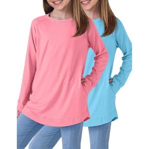 image2Pack Girls Loose Fit Long Sleeve Tunic Tops with Pockets and Thumb Holes Casual T Shirts for Tween KidsPinkBaby Blue