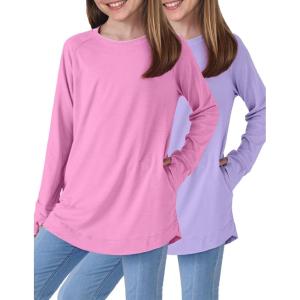 image2Pack Girls Loose Fit Long Sleeve Tunic Tops with Pockets and Thumb Holes Casual T Shirts for Tween KidsPinkLavender