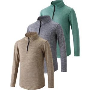 image3 Pack Boys Athletic Quarter Zip Pullover Shirts Lightweight Active Long Sleeve Jacket Tops with Thumb Holes for Youth KidsGreenLight GrayLight Brown