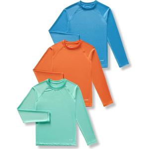 image3 Pack Boys UPF 50 Rash Guard Long Sleeve Swim Shirts Quick Dry UV Protection Swimwear for KidsLight GreenTangerineBright Blue