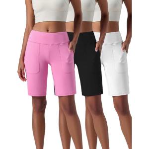 image3 Pack Womens 10 Bermuda Long Shorts Athletic KneeLength Shorts with Pockets Tummy Control Quick Dry CasualPinkWhiteBlack