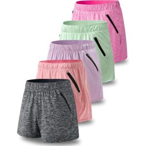 image5 Pack Womens Workout Gym Shorts Casual Lounge Set Ladies Active Athletic Apparel with Zipper PocketsFuchsiaBlackLavenderLight PinkLight Green