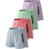 image4 Pack Youth Girls Athletic Shorts 3quot Girls Soccer Shorts Kids Workout Gym Clothes Activewear Apparel with Zipper PocketsPinkMintBaby BlueLight Lavender