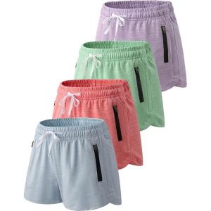 image4 Pack Youth Girls Athletic Shorts 3quot Girls Soccer Shorts Kids Workout Gym Clothes Activewear Apparel with Zipper PocketsPinkMintBaby BlueLight Lavender