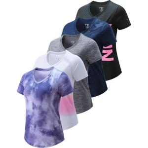 image5 Pack Womens Dry Fit Short Sleeve T Shirts Athletic Workout Tee Tops for Gym Yoga RunningNavyBlackDark GrayPrintedWhite Gradient