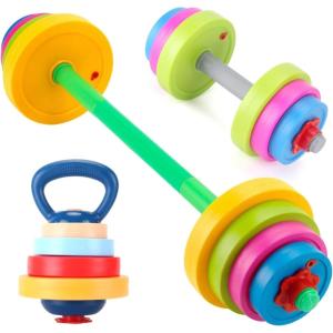 imageKids Exercise Weight Set  3in1 Adjustable Workout Toy Equipment for Children Pretend Play Exercise  Toddler Beginner Gym Fitness Weightlifting and Powerlifting Dumbbell Barbell Kettlebell