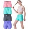 image4 Pack Youth Girls Athletic Shorts 3quot Girls Soccer Shorts Kids Workout Gym Clothes Activewear Apparel with Zipper PocketsPurpleCharcoalGreenPink