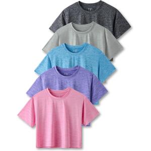 image5 Pack Womens Workout Crop Tops Athletic Short Sleeve Gym Shirts Crew Neck TeesGreyPinkBluePurpleCharcoal