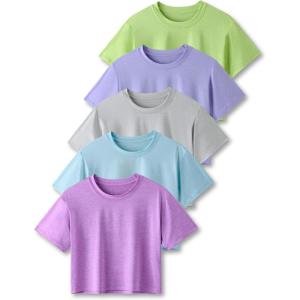 image5 Pack Womens Workout Crop Tops Athletic Short Sleeve Gym Shirts Crew Neck TeesLavenderNeonOrchidBaby BlueGrey