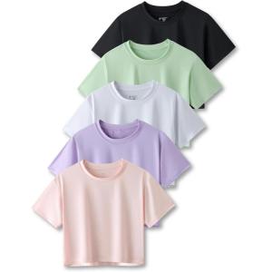 image5 Pack Womens Workout Crop Tops Athletic Short Sleeve Gym Shirts Crew Neck TeesPinkMintLavenderWhiteBlack