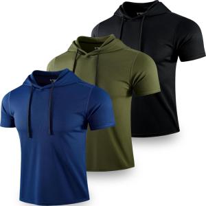 image3 Pack Mens Lightweight Short Sleeve Workout Hoodies Athletic Dry Fit Hooded T Shirts for Gym RunningBlackNavyOlive