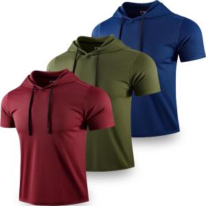 image3 Pack Mens Lightweight Short Sleeve Workout Hoodies Athletic Dry Fit Hooded T Shirts for Gym RunningMaroonOliveNavy