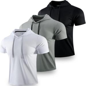image3 Pack Mens Lightweight Short Sleeve Workout Hoodies Athletic Dry Fit Hooded T Shirts for Gym RunningWhiteGrayBlack