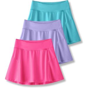 image3 Pack Girls Athletic Skirts with Builtin Shorts and Adjustable Waist Youth Kids Skorts Tennis Golf RunningAquaLilacHot Pink